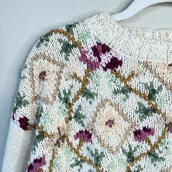Vintage 80s 90s Knit Cream Sweater Size Medium Floral Grannycore Honors Grandma - Picture 5 of 6
